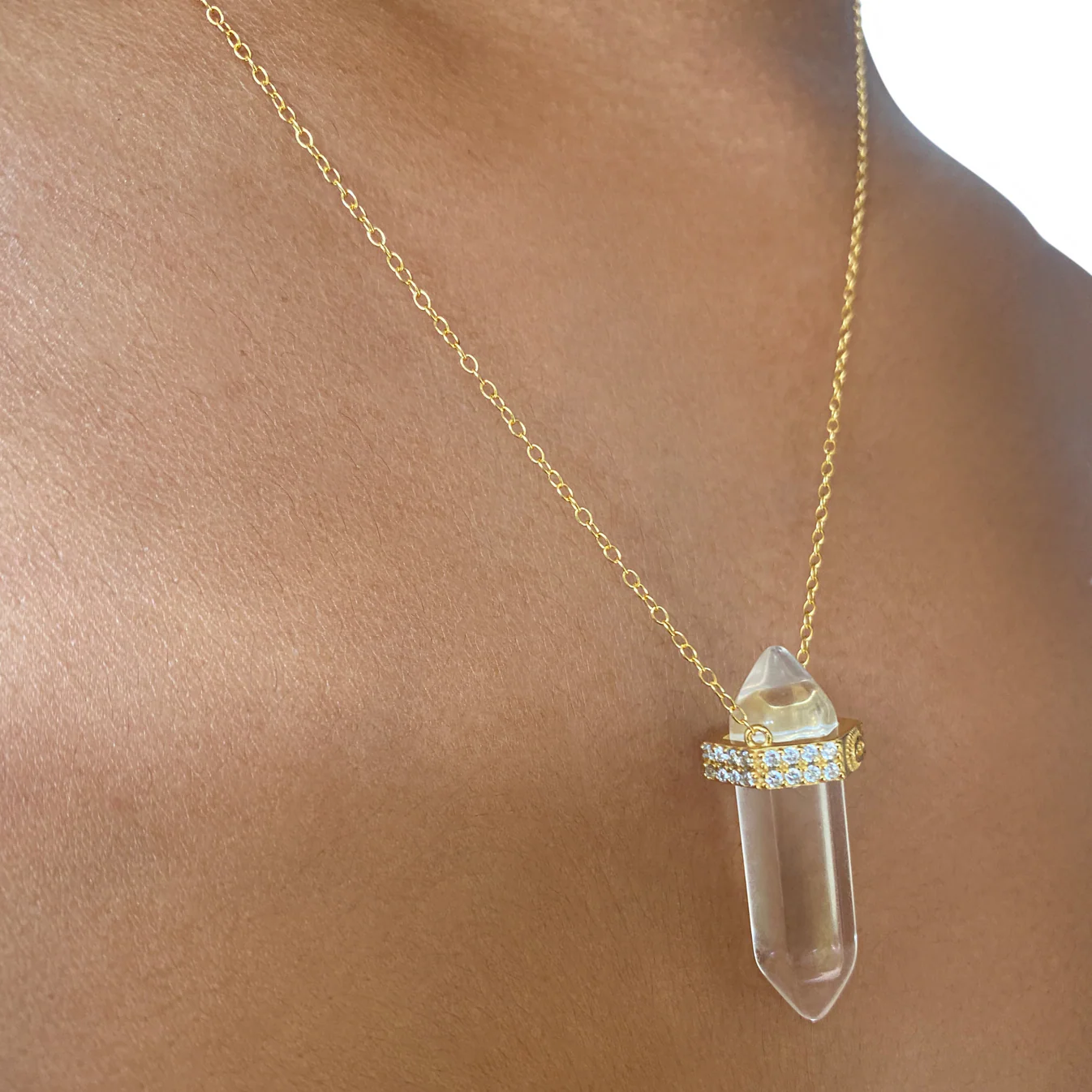 Grace Clear Crystal-Shaped Pendant Necklace with Evil Eye Detail
