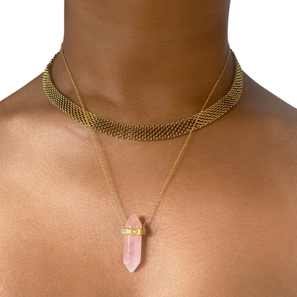 Amara Rose Quartz Crystal Necklace with Evil Eye Detail - 925 Sterling Silver Necklace with 18k Gold Coating