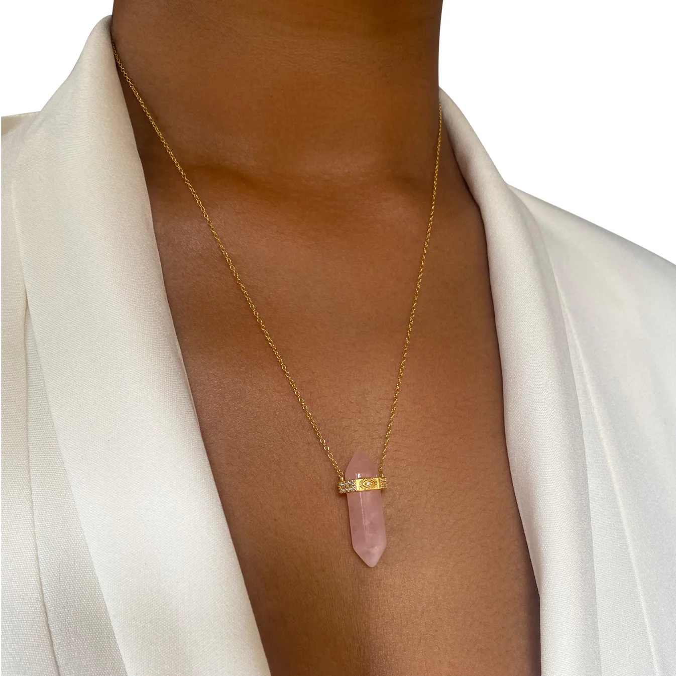 Amara Rose Quartz Crystal Necklace with Evil Eye Detail - 925 Sterling Silver Necklace with 18k Gold Coating