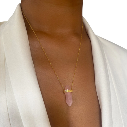 Amara Rose Quartz Crystal Necklace with Evil Eye Detail - 925 Sterling Silver Necklace with 18k Gold Coating