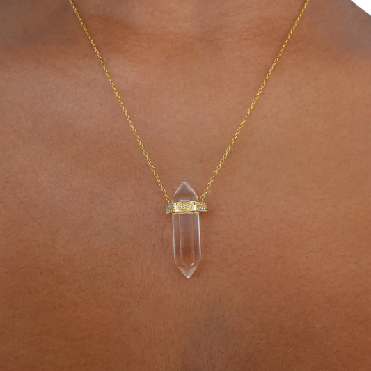 Grace Clear Crystal-Shaped Pendant Necklace with Evil Eye Detail